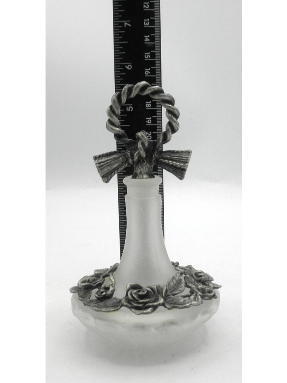Vintage Clear Frosted Glass Vanity Bottle With Pewter Embellishments & Stopper - Picture 7 of 8